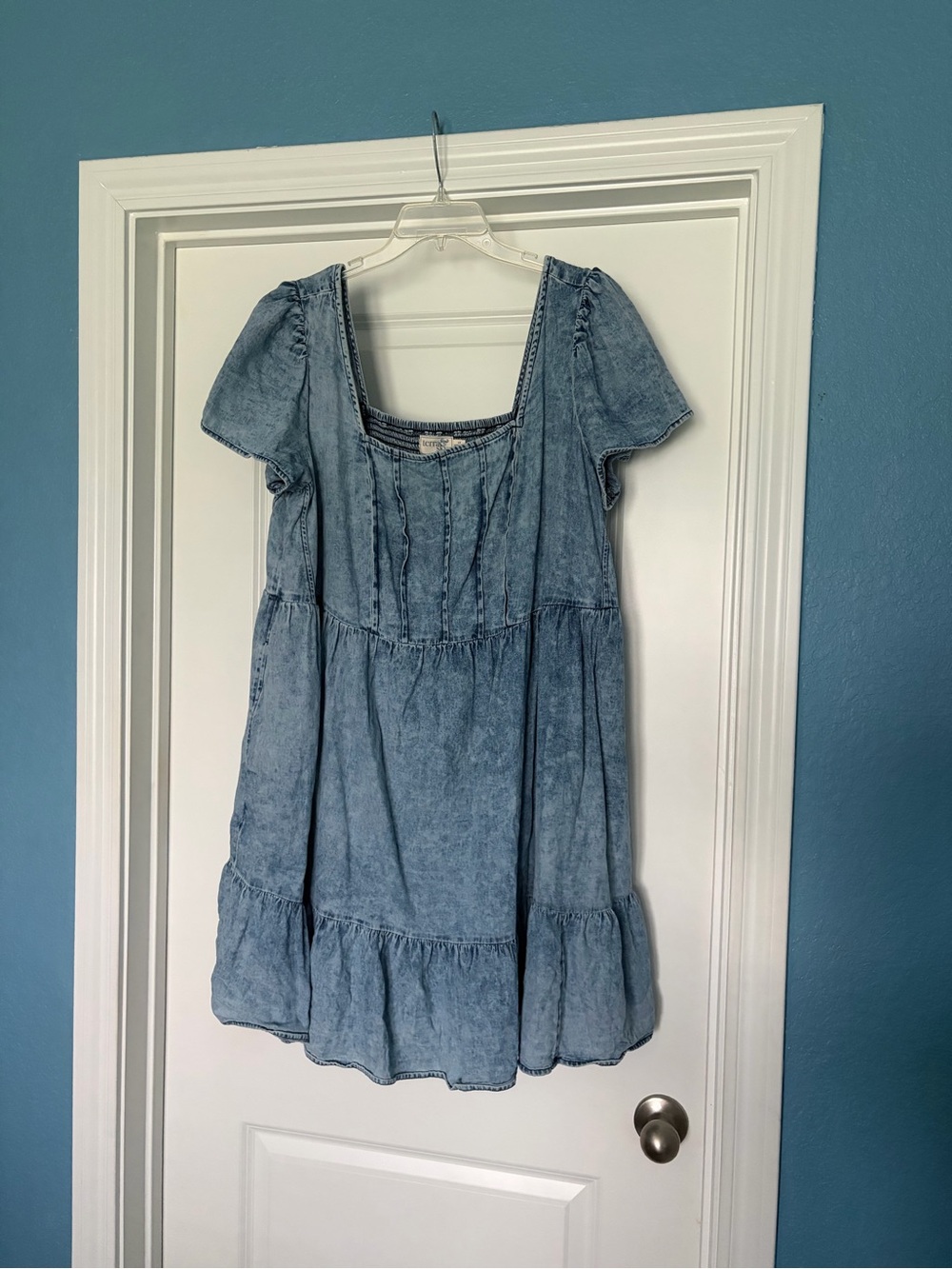 Terra & Sky Light Blue Denim Tiered Square-Neck Dress